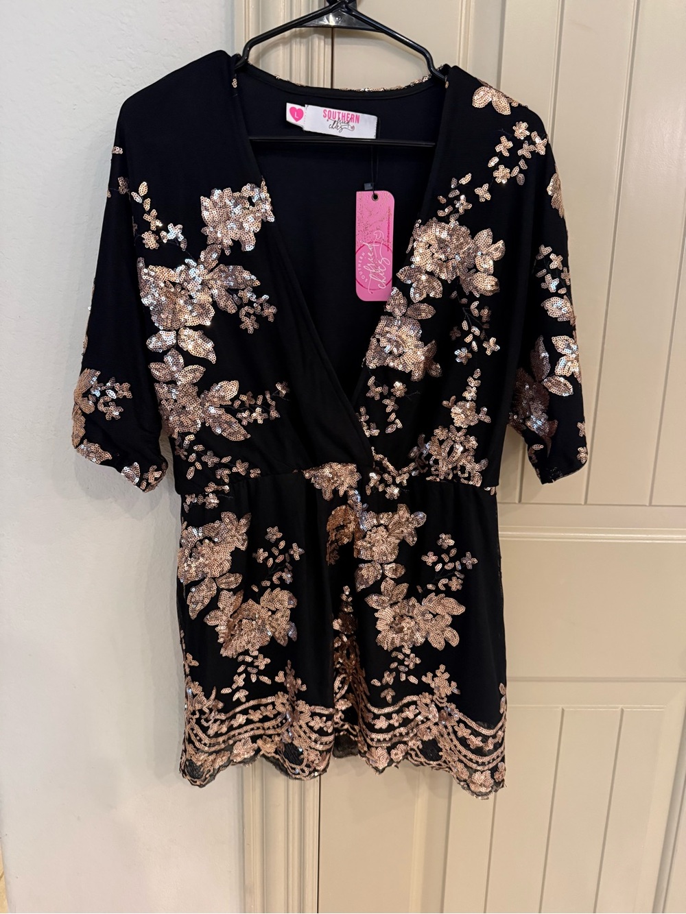 Southern Fried chics Black blouse with Gold Sequin Floral size large